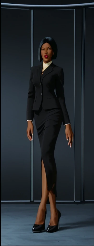 Evil black skinned business woman in a skirt suit