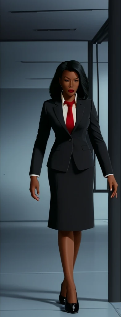 Evil black skinned business woman in a skirt suit
