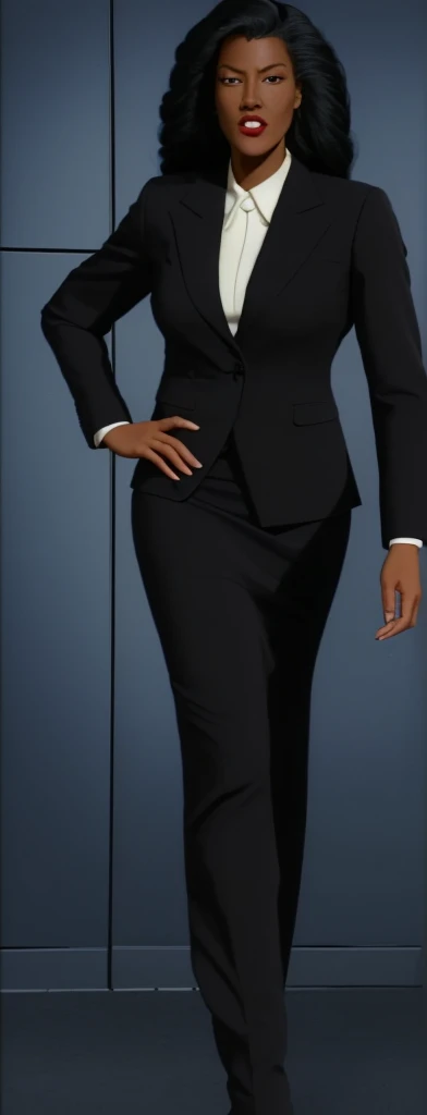 Evil black skinned business woman in a skirt suit 