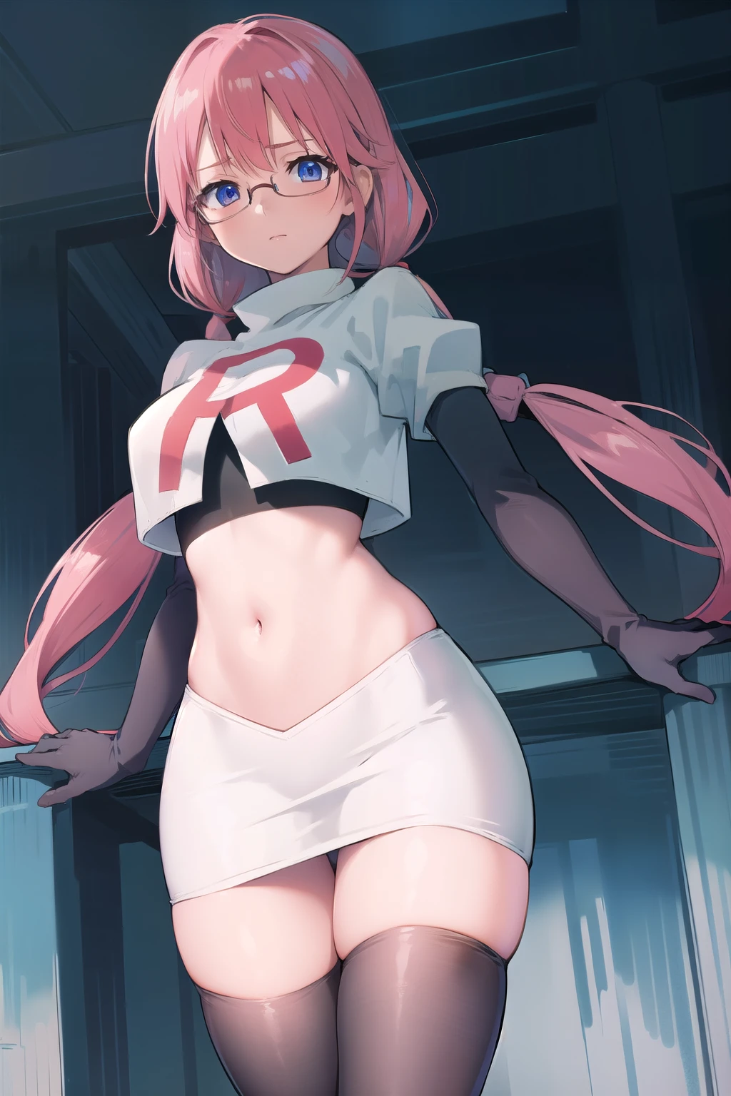 airisakura, airi sakura, blue eyes, glasses, long hair, pink hair, (low twintails:1.5),
BREAK glasses, team rocket,team rocket uniform,white skirt,red letter R,crop top,black thigh-highs,black elbow gloves,
BREAK looking at viewer, 
BREAK (masterpiece:1.2), best quality, high resolution, unity 8k wallpaper, (illustration:0.8), (beautiful detailed eyes:1.6), extremely detailed face, perfect lighting, extremely detailed CG, (perfect hands, perfect anatomy),