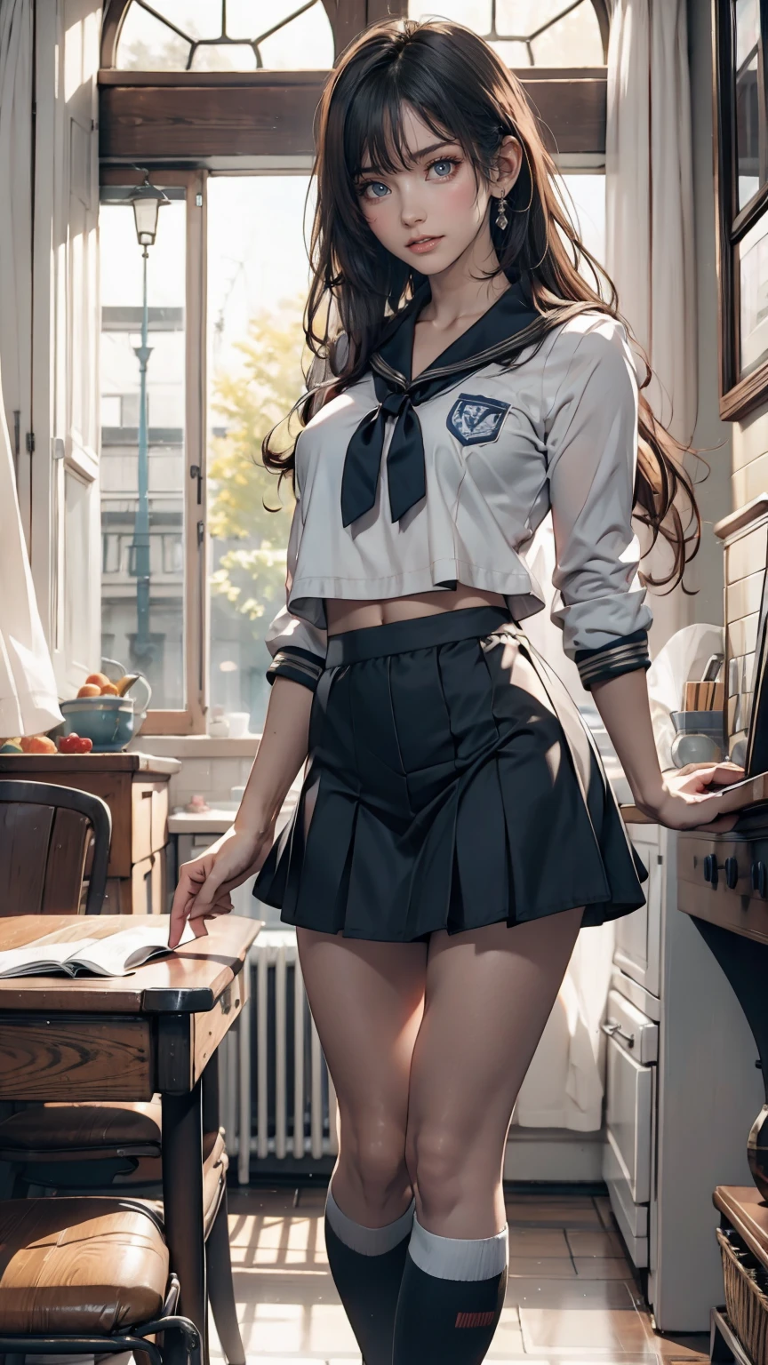 high school girl、Sailor suit、Navy blue mini skirt、Knee-high socks、Sexy
