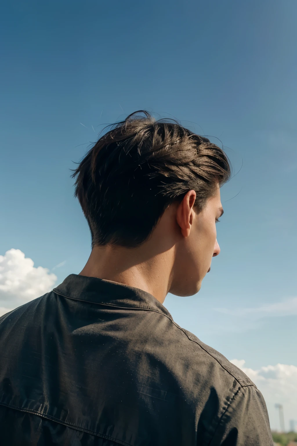 photo of a young man with his back turned and looking up at the sky