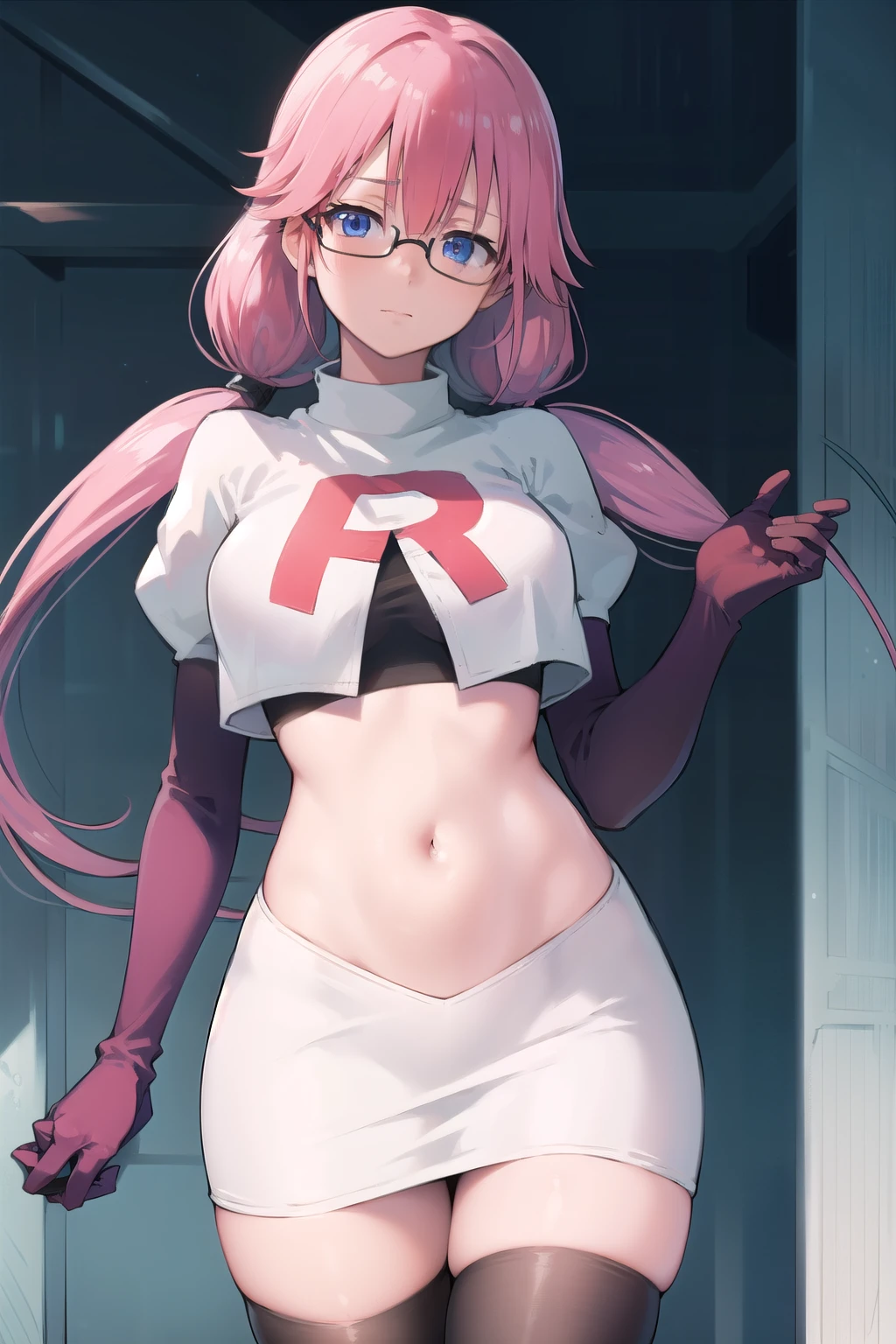 airisakura, airi sakura, blue eyes, glasses, long hair, pink hair, (low twintails:1.5),
BREAK glasses, team rocket,team rocket uniform,white skirt,red letter R,crop top,black thigh-highs,black elbow gloves,
BREAK looking at viewer, 
BREAK (masterpiece:1.2), best quality, high resolution, unity 8k wallpaper, (illustration:0.8), (beautiful detailed eyes:1.6), extremely detailed face, perfect lighting, extremely detailed CG, (perfect hands, perfect anatomy),