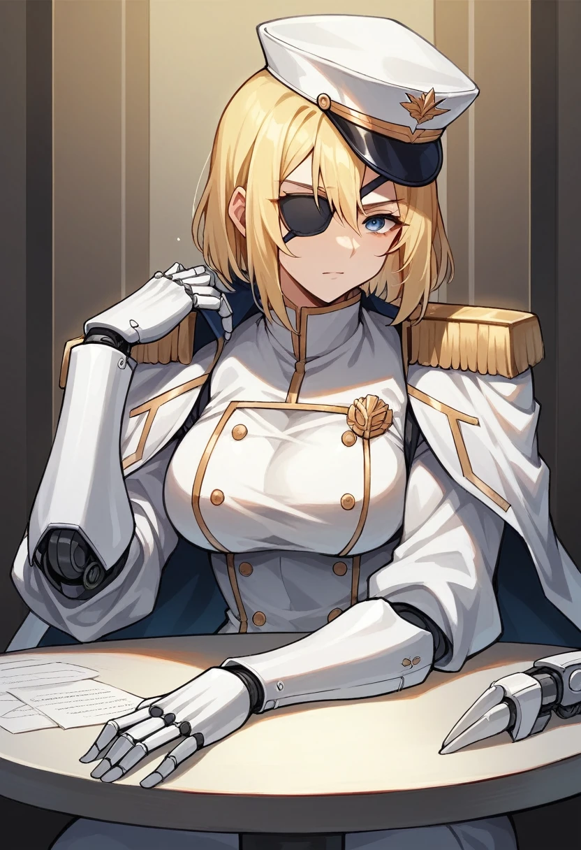 commander anime girl, white commander clothes, 18 years old, tall, medium length blonde hair, blue eyes, eye patch, right a mechanical arm, left arm a normal arm, sitting at the head of a large and long covenant table, white commander hat, 8K İmage Quailty