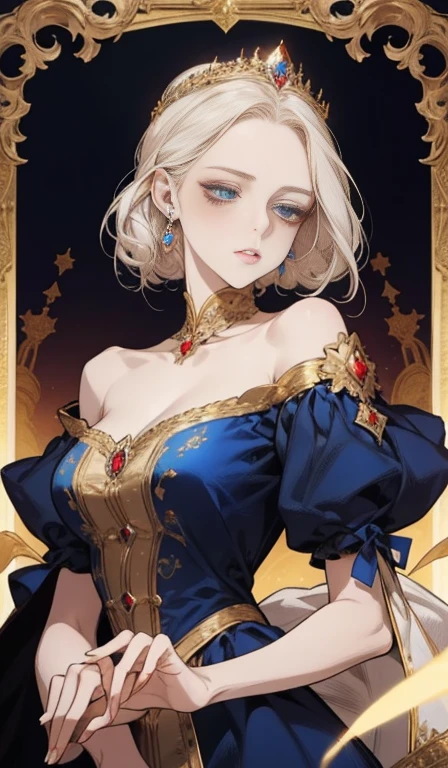 Fantasy, 19th century, empress, woman, delicate face, pale blonde hair, blue eyes, in a white royal dress with open shoulders, gold patterns on fabric, crystal jewelry, with a scarlet ribbon over the shoulder with the regalia of the monarch, Gothic castle made of white stone on the background, light, day, hd