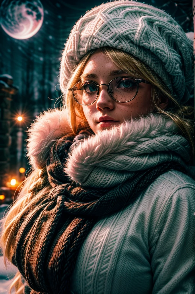 1 girl, blonde hair, long hair, crownbraid, snowcap, round eyewear, glasses, white winter furcoat, snow, standing, in snow, night, solo, orange lighting, pink scarf, hand on scarf, green eyes, black gloves, close up, moonlight, snowing, freckles