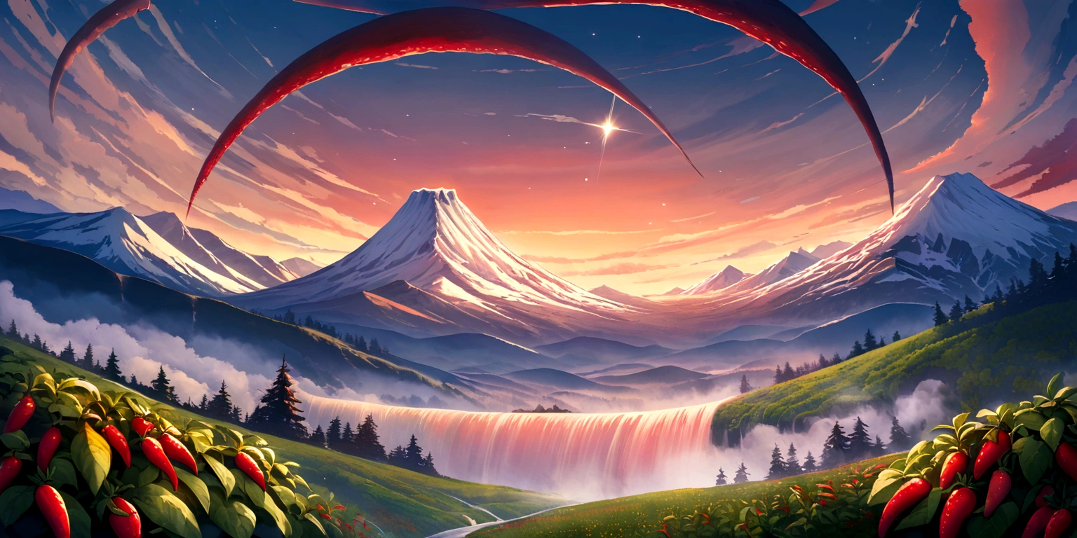 ultra wide landscape flooded with light moebius style, Red chilis, basil, mt hood, waterfall