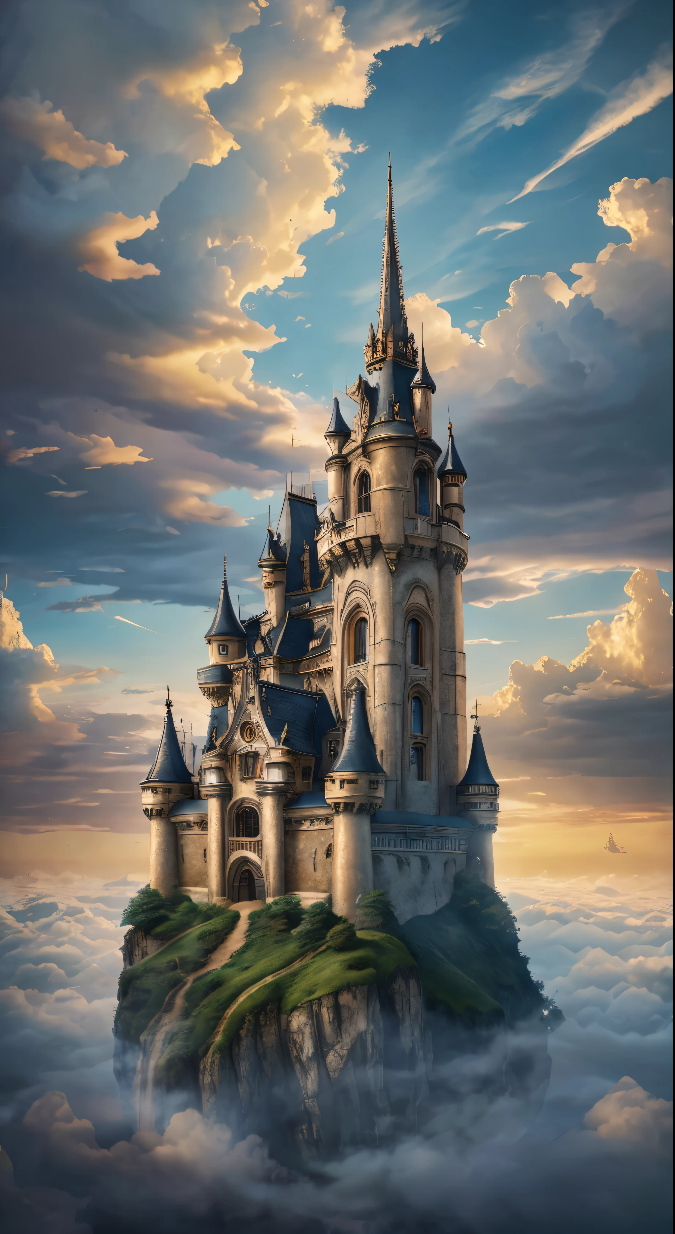 with high definition images，Ultra-detailed、High detail、high quality、8K、Miyazaki style、Steampunk style castle floating in the sky、Floating in the clouds and sky、Exudes mystery and technology 。Mirage City。