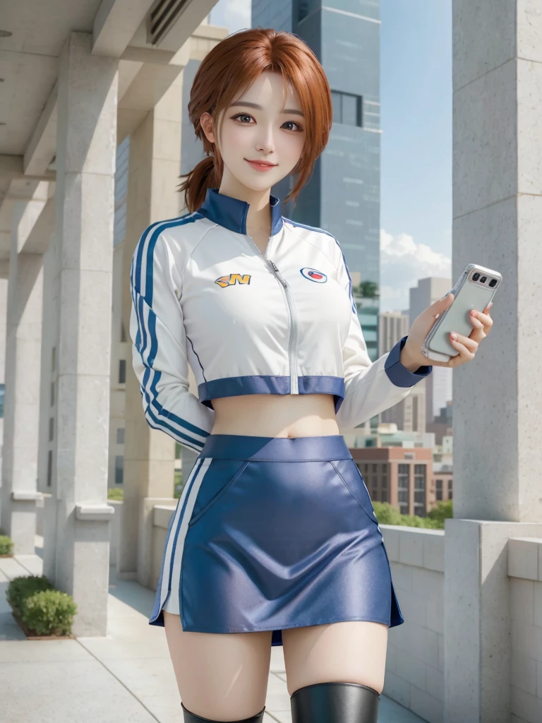 misty pokemon, short hair, orange hair, side ponytail, blue eyes, grin, BREAK, team rocket uniform, (logo on shirt:1.25), white jacket, white skirt, thighhigh boots, midriff, (glowing eyes:1.25), masterpiece, best quality, extremely detailed, highly quality, 4k, sharp focus, professional, sharp focus, award winning, cinematic lighting, octane render, unreal engine, volumetrics dtx, Wallpaper,

Generate a high-resolution image of a beautiful woman holding her phone. She should be in a very photogenic posture, with her body slightly angled to the side and her head turned towards the camera. The lighting should be soft and natural, highlighting her features. She should have a relaxed and confident expression, with a gentle smile. The background should be blurred to emphasize the subject, with a hint of an outdoor setting like a park or a cityscape. The overall composition should be aesthetically pleasing, capturing the elegance and grace of the moment."