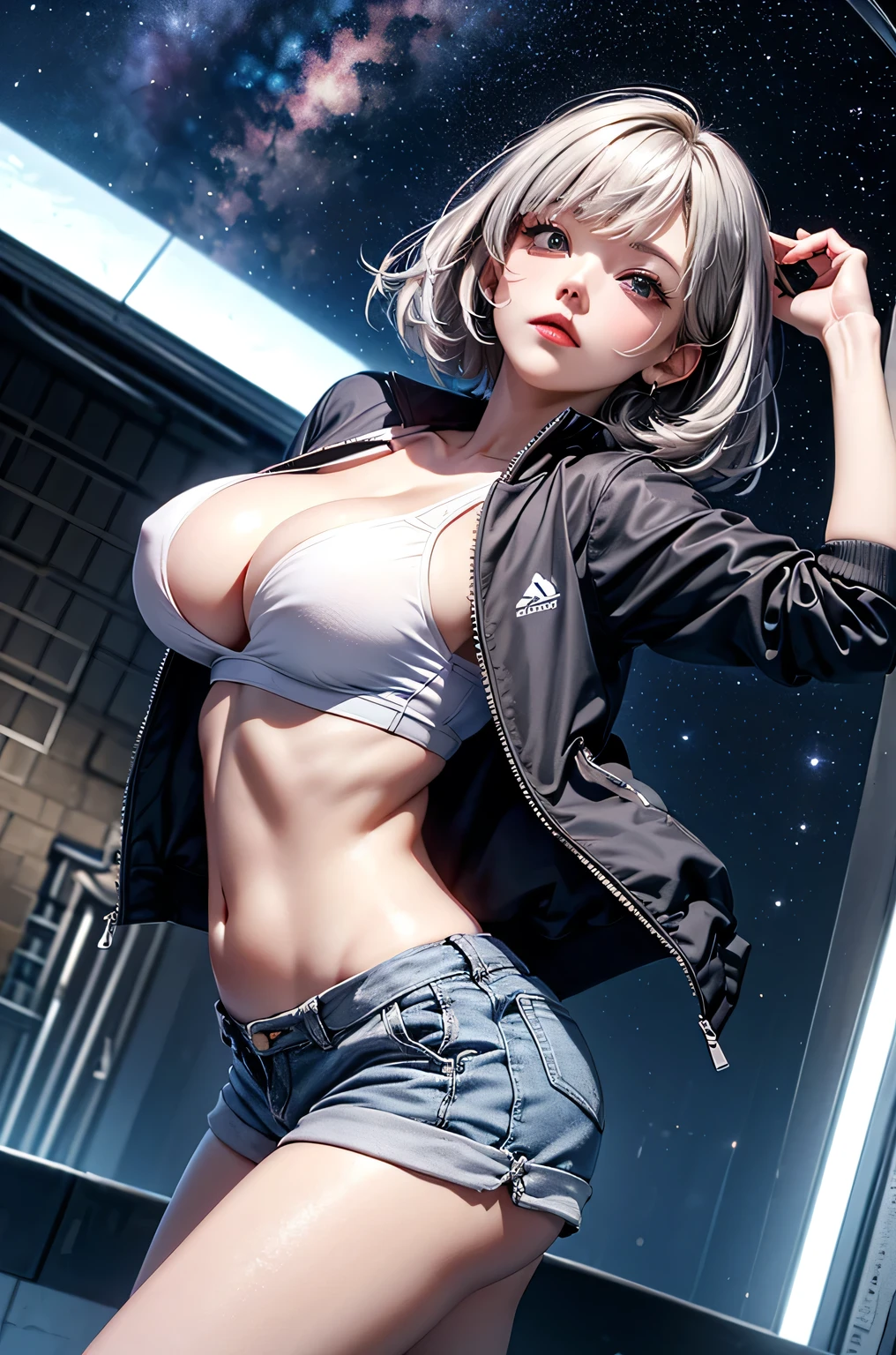 (masterpiece:1.5, Highest quality, Very detailed、 Dutch Angle、Realistic、2.5D、Realistic)(One Girl, Sports Girl, cutegirl)(Grey Hair:1.6,,short hair)(Sports Bra、Jacket:1.5、Shorts、肩にJacketをかける)、((medium breasts, Beautiful cleavage,underboob))(from backside),(Beautiful starry sky、Mystical Night、Particles of light float around the woman、Fantastic space、Looking down on the building)