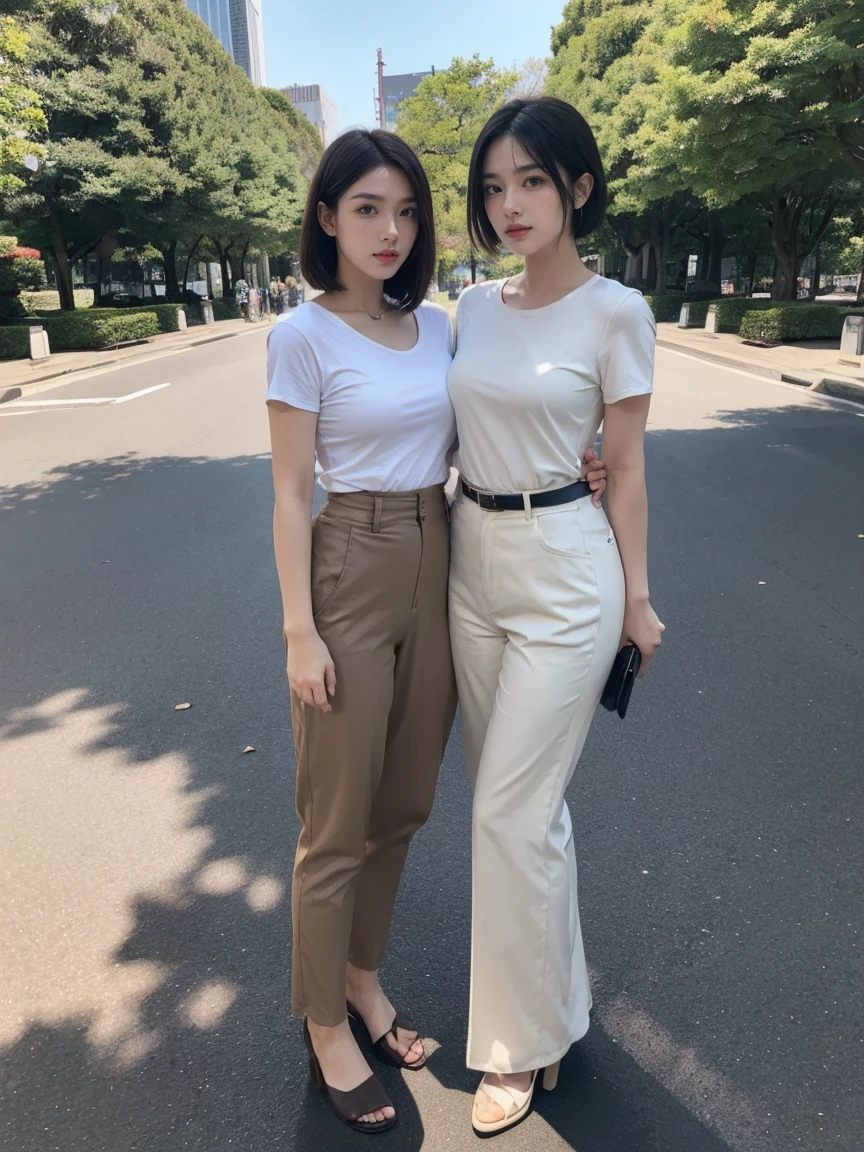 (Tabletop,high quality,16K:1.1),(Written boundary depth:1.3) ,((Front body:1.35)),  Japanese ,2Women, Landmine Makeup ,Embrace each other,Short black hair,Bob Hair、 （Beige short sleeve U-neck）、（Beige Leather Pants）、 (((tight))), （standard body type）、（C cup breasts）, Sensual,  Curvy,(View your audience:1.3),(Full Body Shot:1.2),（Hibiya Park:1.2）,(Daytime parking lot),(Beautiful views of Tokyo, Japan:1.2)