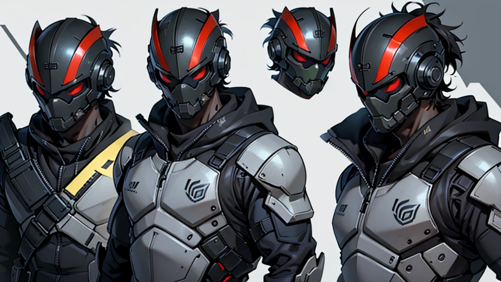 Character design sheet、male、Black combat uniform、Body Armor、Powered Suit、Full Face Mask、cyber punk、Round head full face helmet