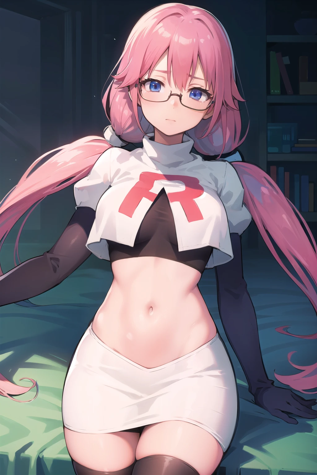 airisakura, airi sakura, blue eyes, glasses, long hair, pink hair, (low twintails:1.5),
BREAK glasses, team rocket,team rocket uniform,white skirt,red letter R,crop top,black thigh-highs,black elbow gloves,
BREAK looking at viewer, 
BREAK (masterpiece:1.2), best quality, high resolution, unity 8k wallpaper, (illustration:0.8), (beautiful detailed eyes:1.6), extremely detailed face, perfect lighting, extremely detailed CG, (perfect hands, perfect anatomy),