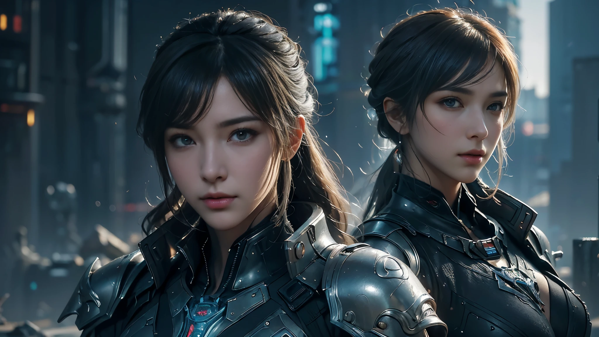 masterpiece,best quality,high resolution,8k,(portrait photo:1.5),(R original photo),real picture,digital photography,(Combination of cyberpunk and fantasy style),(female soldier),20 year old girl,Random hairstyle,through bangs,(big breasts, Accessories,Keep your mouth shut,Elegant and charming,Serious and arrogant,Calm and handsome,(Cyberpunk combined with fantasy style clothing,hollow-carved design,joint armor,photo poses,Realistic style,gray world background,oc render reflection texture,sentry