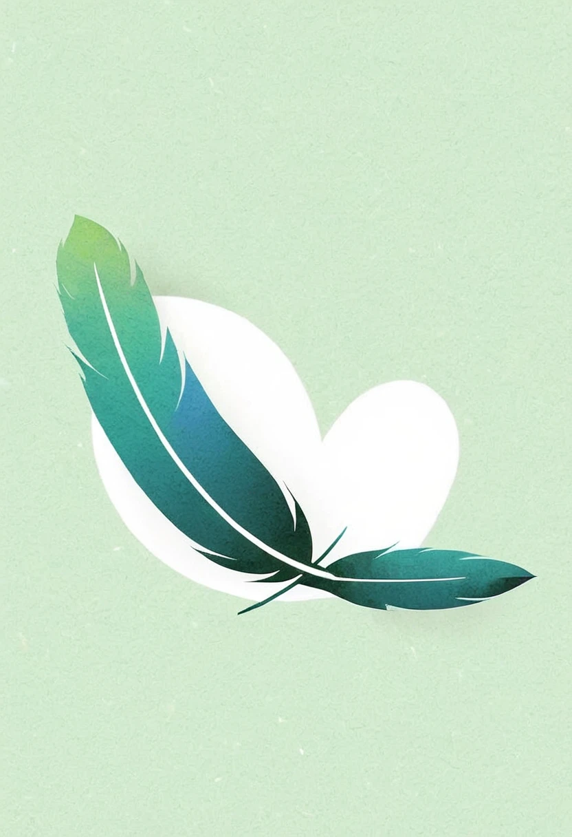 Digital Illustration Art ，Green and blue feathers，A bird of good fortune，Minimalism，line，Paper-cut art。Cartoon，Aesthetic， White background