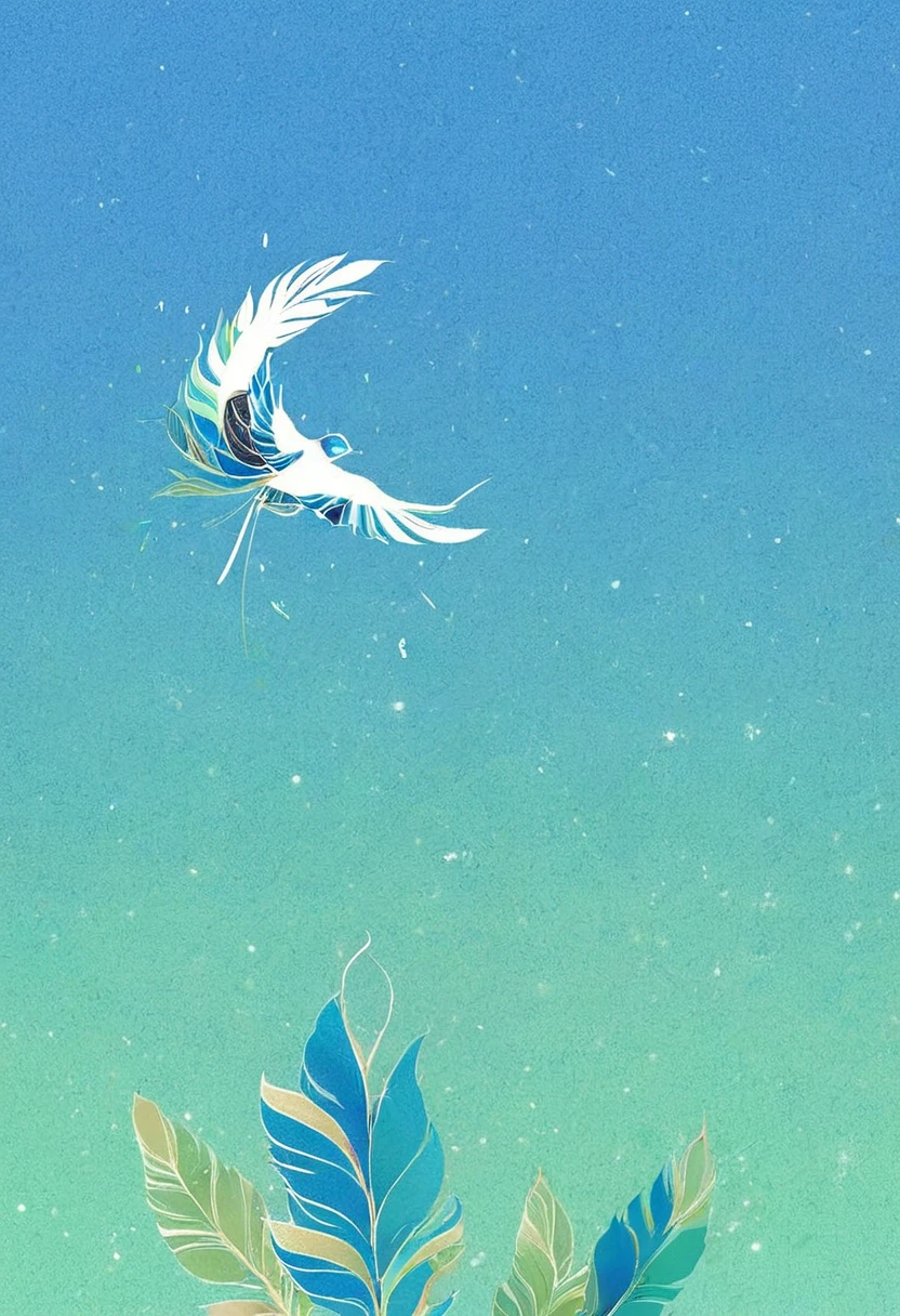 Digital Illustration Art ，Green and blue feathers，A bird of good fortune，Minimalism，line，Paper-cut art。Cartoon，Aesthetic， White background