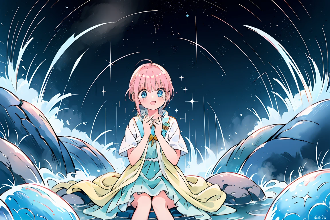 Scenery, light blue sky, 1girl, ichika sitting in the waterfalls, cloud, sitting on rocks in the middle of the waterfall, magical photography, ultra-detailed, 4k, Depth of field, High-resolution, outdoors, starry night sky, starts made of iridescent tears, pastel aesthetic colors, sfw, nakano_ichika, aaichika, Nakano ichika sitting in the waterfall, short silky pink hair, masterpiece, 4k, ultradetailed, cowboy shot, nakano ichika, blue eyes, sparkling eyes, green bowtie, veiled pretty iridescent dress, minimal dress, attractive confident smile, happy, cute, Official art、Beautifully Aesthetic:1.2)、(a beauty girl:1.3)、vivid colours、colourful, Soft Light, Deep Focus Bokeh, fantasy, galaxy, sparkling, splendid, colorful, dramatic lighting, intricate details, (1 girl, solo, alone), intricate details, sfw, nakano_ichika, sparkling eyes, laughing happily, crystal, fantasy, shimmering, sparkling, splendid, colorful, bright colours. fix her hands