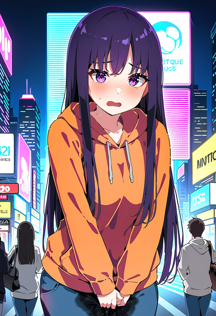 (masterpiece:1.37), best quality, (extremely detailed:1.37), woman, mature, adult, large breasts, very long hair, (straight hair:1.5), dark purple hair, purple eyes, (extremely detailed eyes:1.37), hoodie, jeans, desperation, (wetting: self 3.0), standing, embarrassed, humiliation, blushing, angry, city, futuristic, neon lighting, high-tech, street