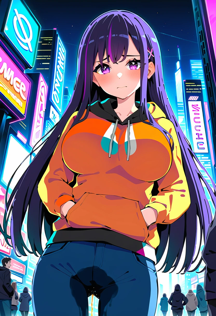 (masterpiece:1.37), best quality, (extremely detailed:1.37), woman, mature, adult, large breasts, very long hair, (straight hair:1.5), dark purple hair, purple eyes, (extremely detailed eyes:1.37), hoodie, jeans, desperation, (wetting: self 3.0), standing, embarrassed, humiliation, blushing, angry, city, futuristic, neon lighting, high-tech, street