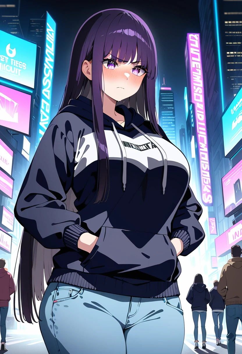 (masterpiece:1.37), best quality, (extremely detailed:1.37), woman, mature, adult, large breasts, very long hair, (straight hair:1.5), dark purple hair, purple eyes, (extremely detailed eyes:1.37), hoodie, jeans, desperation, (wetting: self 3.0), standing, embarrassed, humiliation, blushing, angry, city, futuristic, neon lighting, high-tech, street