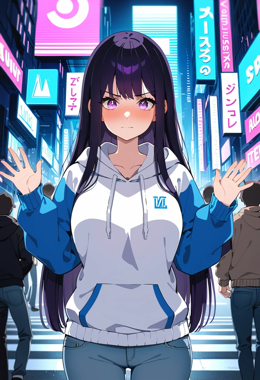 (masterpiece:1.37), best quality, (extremely detailed:1.37), woman, mature, adult, large breasts, very long hair, (straight hair:1.5), dark purple hair, purple eyes, (extremely detailed eyes:1.37), hoodie, jeans, desperation, (wetting: self 3.0), standing, embarrassed, humiliation, blushing, angry, city, futuristic, neon lighting, high-tech, street