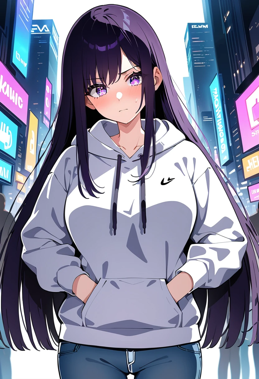 (masterpiece:1.37), best quality, (extremely detailed:1.37), woman, mature, adult, large breasts, very long hair, (straight hair:1.5), dark purple hair, purple eyes, (extremely detailed eyes:1.37), hoodie, jeans, desperation, (wetting: self 3.0), standing, embarrassed, humiliation, blushing, angry, city, futuristic, neon lighting, high-tech, street