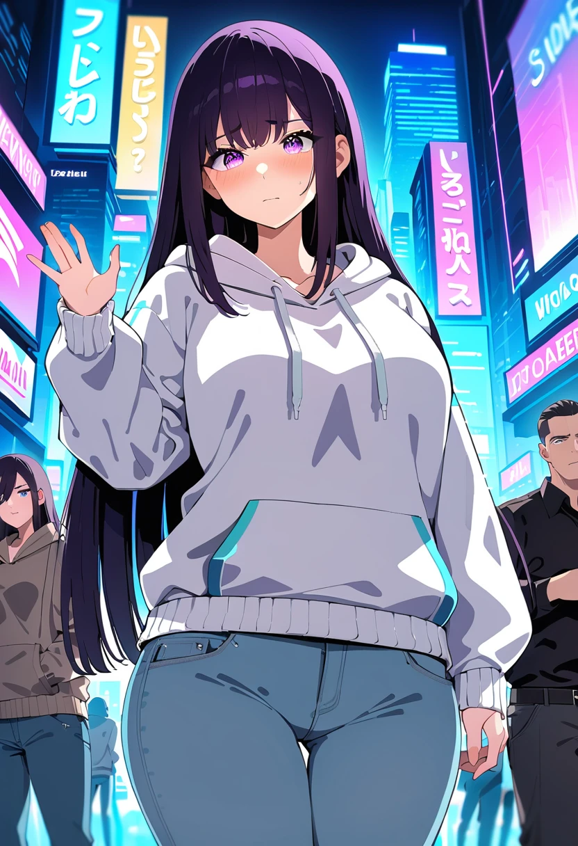 (masterpiece:1.37), best quality, (extremely detailed:1.37), woman, mature, adult, large breasts, very long hair, (straight hair:1.5), dark purple hair, purple eyes, (extremely detailed eyes:1.37), hoodie, jeans, desperation, (wetting: self 3.0), standing, embarrassed, humiliation, blushing, angry, city, futuristic, neon lighting, high-tech, street