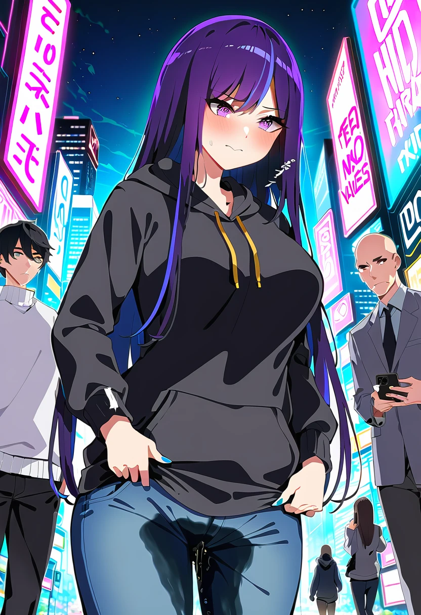 (masterpiece:1.37), best quality, (extremely detailed:1.37), woman, mature, adult, large breasts, very long hair, (straight hair:1.5), dark purple hair, purple eyes, (extremely detailed eyes:1.37), hoodie, jeans, desperation, (wetting: self 3.0), standing, embarrassed, humiliation, blushing, angry, city, futuristic, neon lighting, high-tech, street