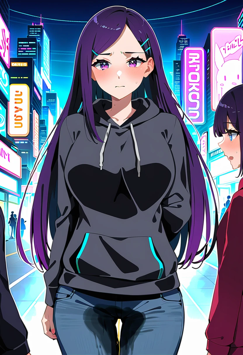 (masterpiece:1.37), best quality, (extremely detailed:1.37), woman, mature, adult, large breasts, very long hair, (straight hair:1.5), dark purple hair, purple eyes, (extremely detailed eyes:1.37), hoodie, jeans, desperation, (wetting: self 3.0), standing, embarrassed, humiliation, blushing, angry, city, futuristic, neon lighting, high-tech, street