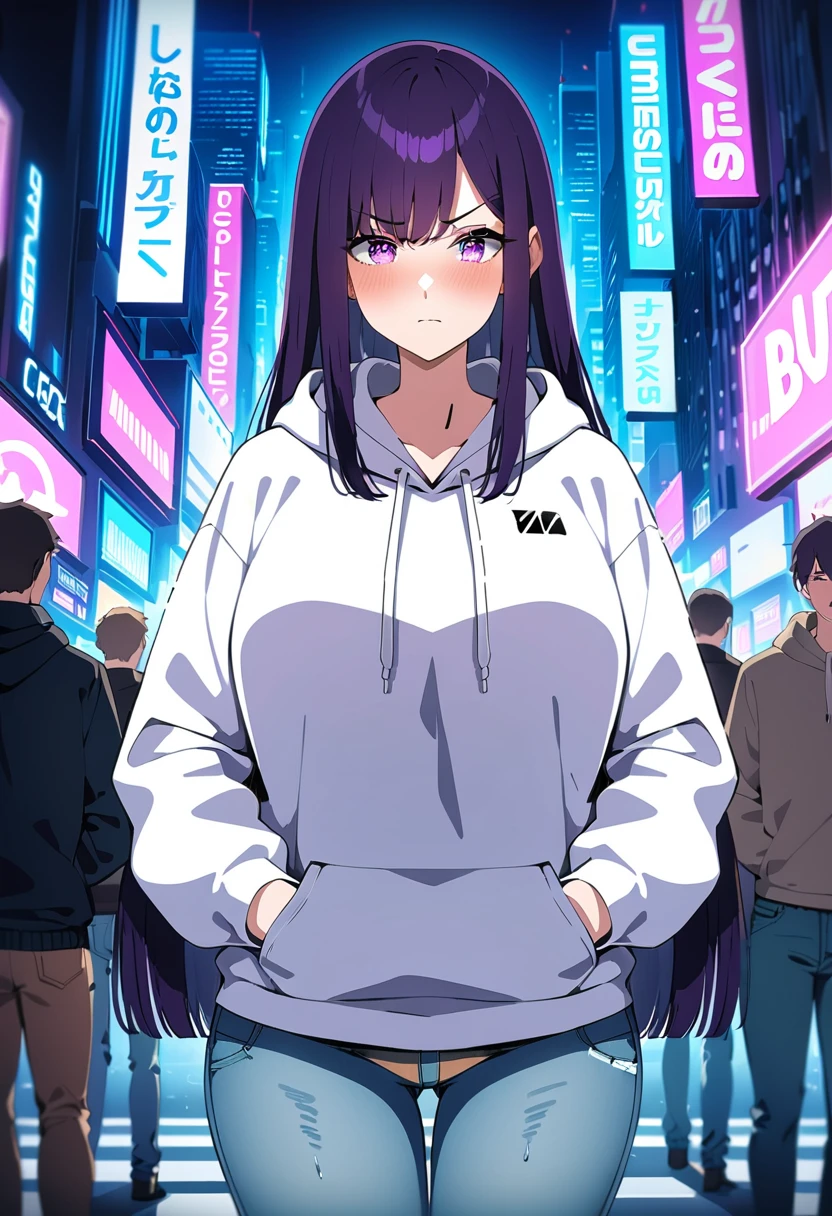 (masterpiece:1.37), best quality, (extremely detailed:1.37), woman, mature, adult, large breasts, very long hair, (straight hair:1.5), dark purple hair, purple eyes, (extremely detailed eyes:1.37), hoodie, jeans, desperation, (wetting: self 3.0), standing, embarrassed, humiliation, blushing, angry, city, futuristic, neon lighting, high-tech, street