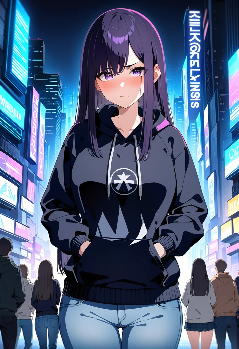 (masterpiece:1.37), best quality, (extremely detailed:1.37), woman, mature, adult, large breasts, very long hair, (straight hair:1.5), dark purple hair, purple eyes, (extremely detailed eyes:1.37), hoodie, jeans, desperation, (wetting: self 3.0), standing, embarrassed, humiliation, blushing, angry, city, futuristic, neon lighting, high-tech, street