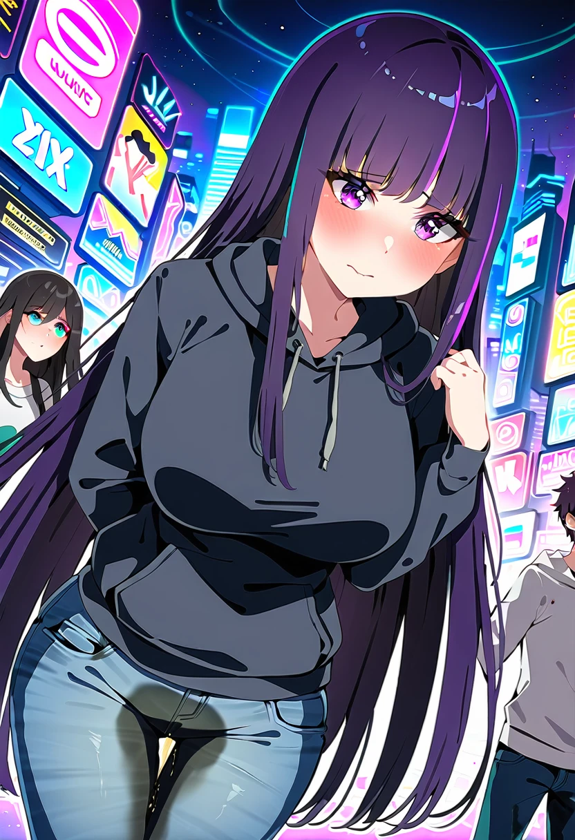 (masterpiece:1.37), best quality, (extremely detailed:1.37), woman, mature, adult, large breasts, very long hair, (straight hair:1.5), dark purple hair, purple eyes, (extremely detailed eyes:1.37), hoodie, jeans, desperation, (wetting: self 3.0), standing, embarrassed, humiliation, blushing, angry, city, futuristic, neon lighting, high-tech, street