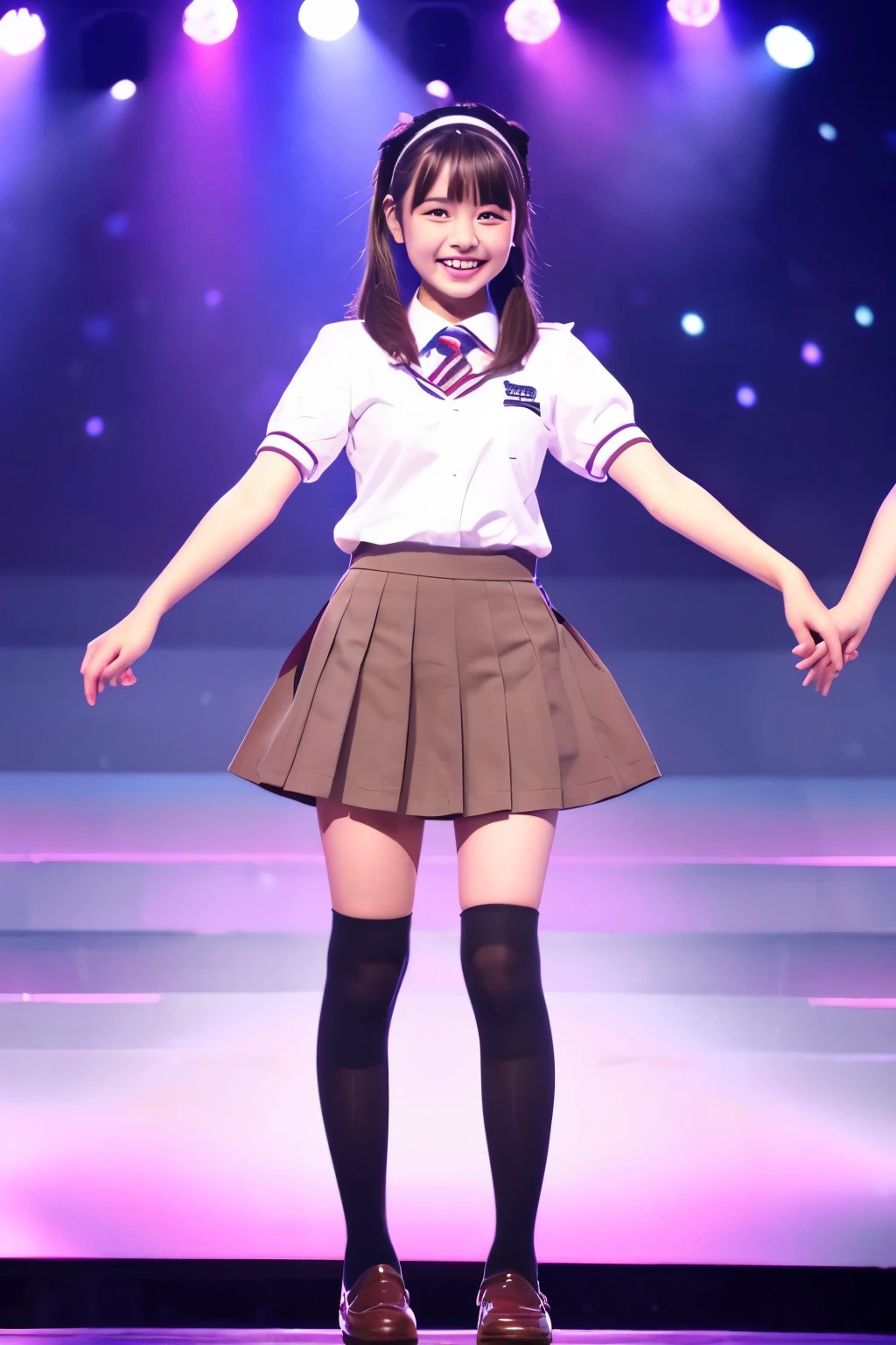 high school girl、uniform、skirt、Brown hair short、Knee-high socks、loafers、Japanese、smile、upright、front、smile、whole body、Dance Stage、dance