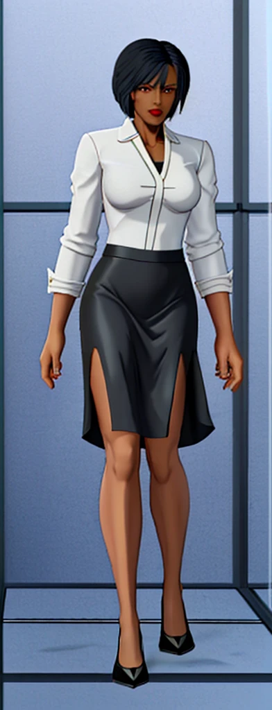Evil black skinned business woman in a skirt suit 