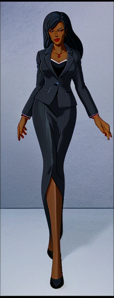 Evil black skinned business woman in a skirt suit 