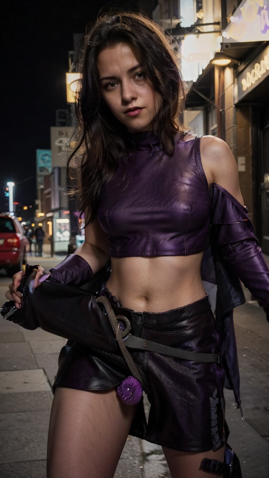 (masterpiece), (photorealistic1.4), (1 girl), (solo), (best quality), (epiCRealLife), (medium breast),  (Kate Bishop long hair), (sleeveless top), (kateb2023 black utility belt), (kateb2023 purple costume), (purple pants) (kateb2023 purple sleevless bodysuit), (kst3w),(white scarf), bare shoulder), (night time), (black boot), (elbow gloves), (abs), (flash photography), (film photo), (cowboy shots), (outdoor), (street of new york), (at night), (look at viewers),(light smile)