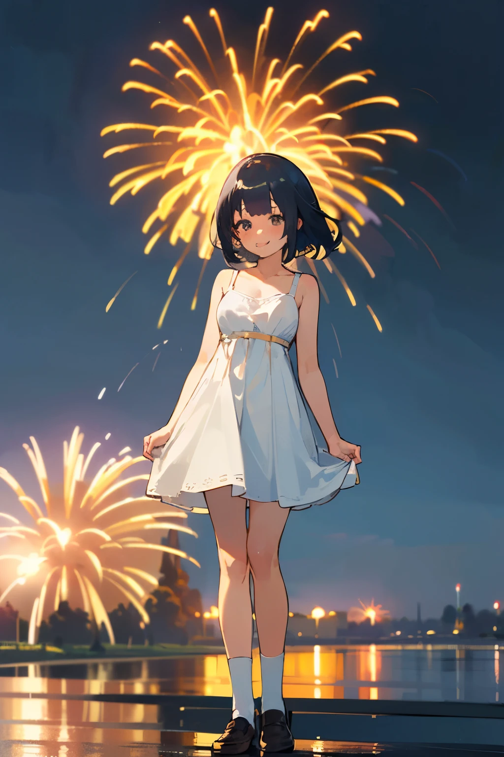(high quality, High resolution, Very detailed, reality:1.37), Peaceful atmosphere, (Night Sky, firework), Teenage girl standing alone, (my breasts are big.), Beautiful details, Cute Smile, (Black bob hair), White camisole dress, White socks, loafers.