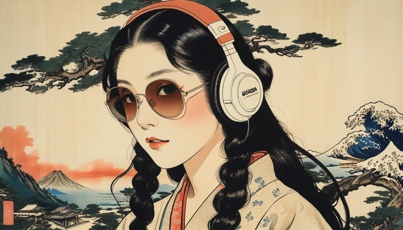 (((Katsushika Hokusai))), ((Beautiful Japanese Women)), Light colored sunglasses, Japanese style headphones, Straight Hair, Horror elements