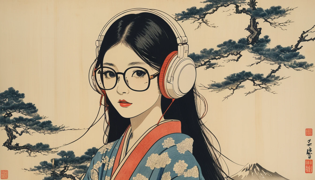 (((Katsushika Hokusai))), ((Beautiful Japanese Women)), Light colored sunglasses, Japanese style headphones, Straight Hair, Horror elements