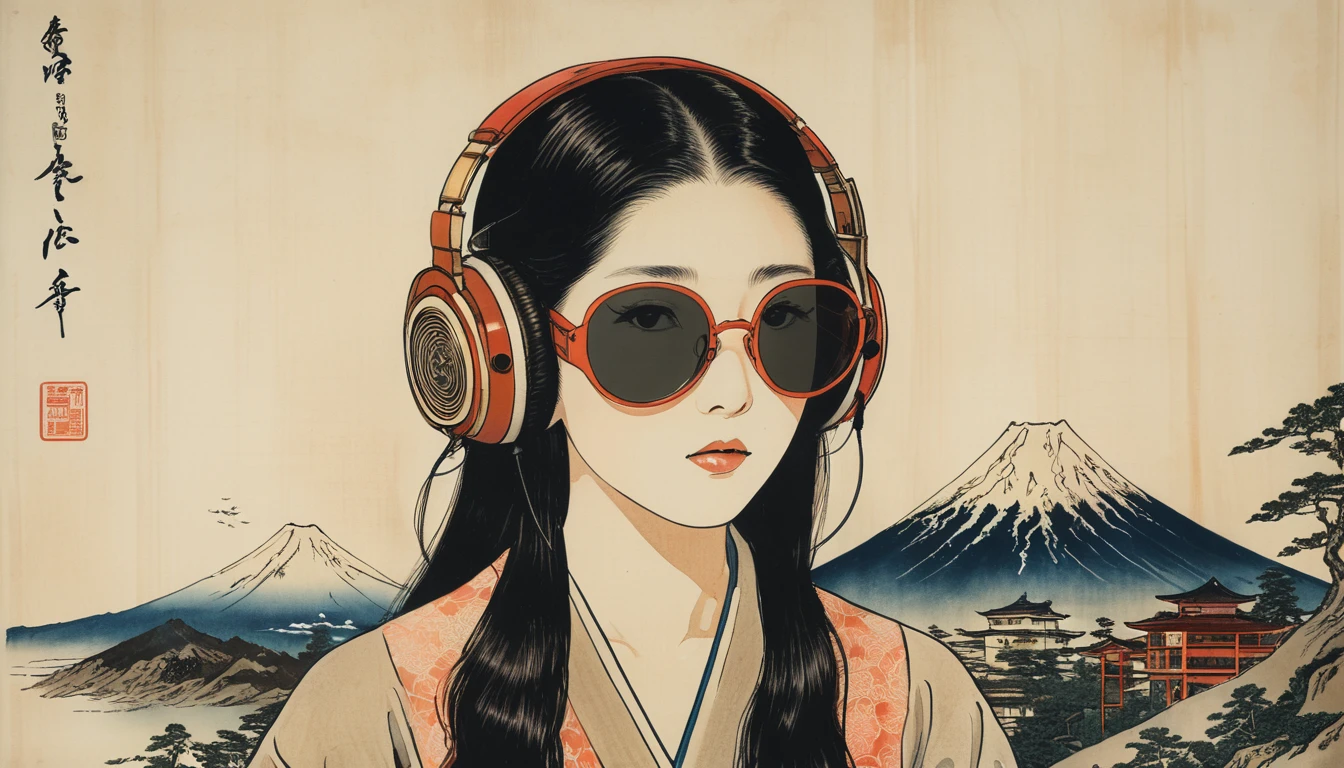 (((Katsushika Hokusai))), ((Beautiful Japanese Women)), Light colored sunglasses, Japanese style headphones, Straight Hair, Horror elements