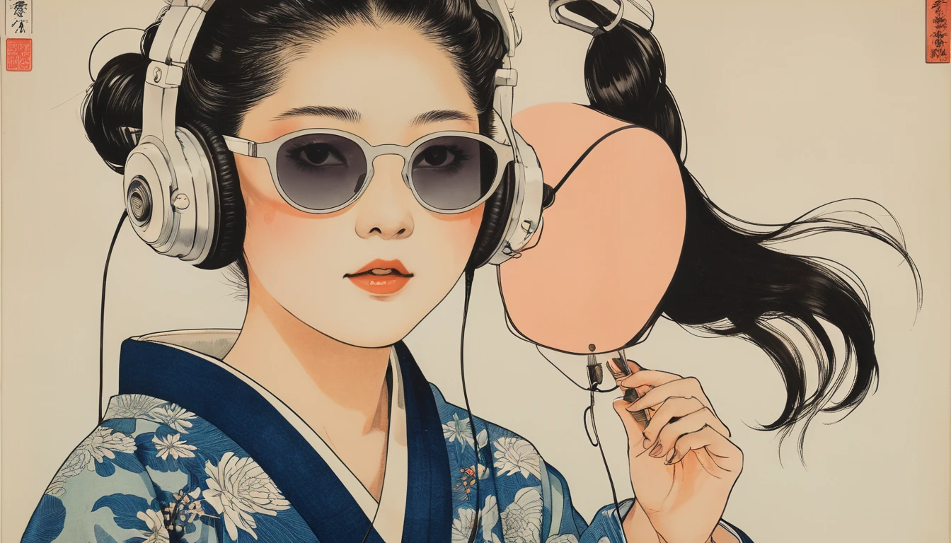(((Katsushika Hokusai))), ((Beautiful Japanese Women)), Light colored sunglasses, Japanese style headphones, Straight Hair, Horror elements