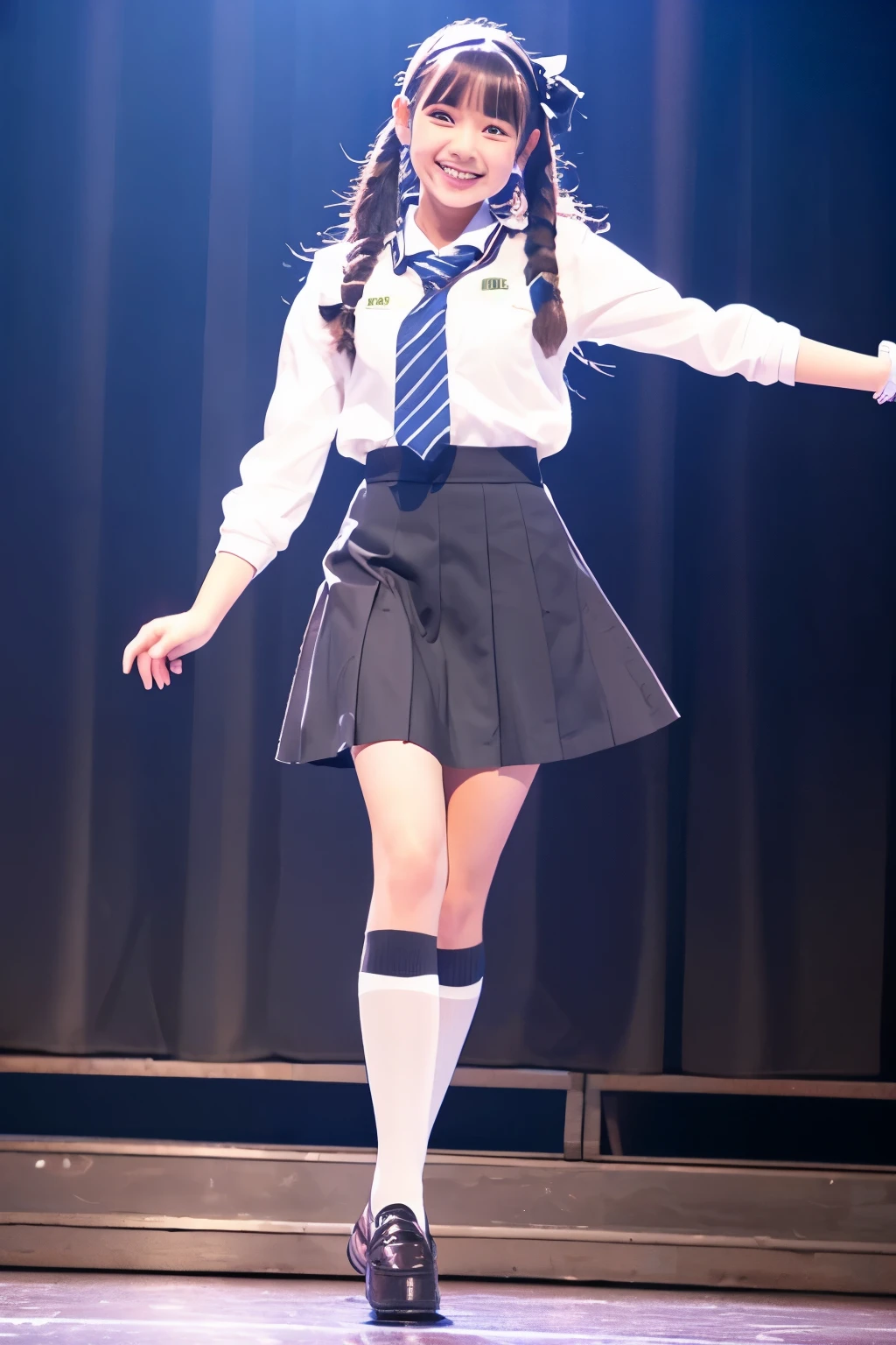 high school girl、uniform、skirt、Brown hair short、Knee-high socks、loafers、Japanese、smile、upright、front、smile、whole body、Dance Stage、dance