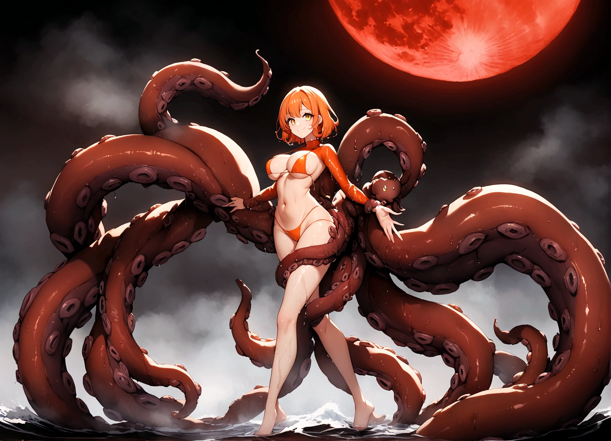 Beautiful anime style girl with short hair,(((Orange Hair)))Short one curl hair,(((Highest quality)))Transparent Hair,Bright Face,smile,(((Yellow Eyes))),Fun Beautiful Girl,(((A well-defined, glamorous body)))Tight waist,Big Breasts,(((wearing a slingshot bikini)))Beautiful and extreme girl in extreme orange bikini,(Shell decoration),The whole body is wet with water,((Shorts)),Oily skin,(((Sexy pose))),(Walking)),(((detailed)))Full Body Shot,octopus,Countless tentacles wrapping around the body,Tentacles wrapped around the hand, feet, wait.,(((background)))fog,Red Moon,Wave,Dark seaside。