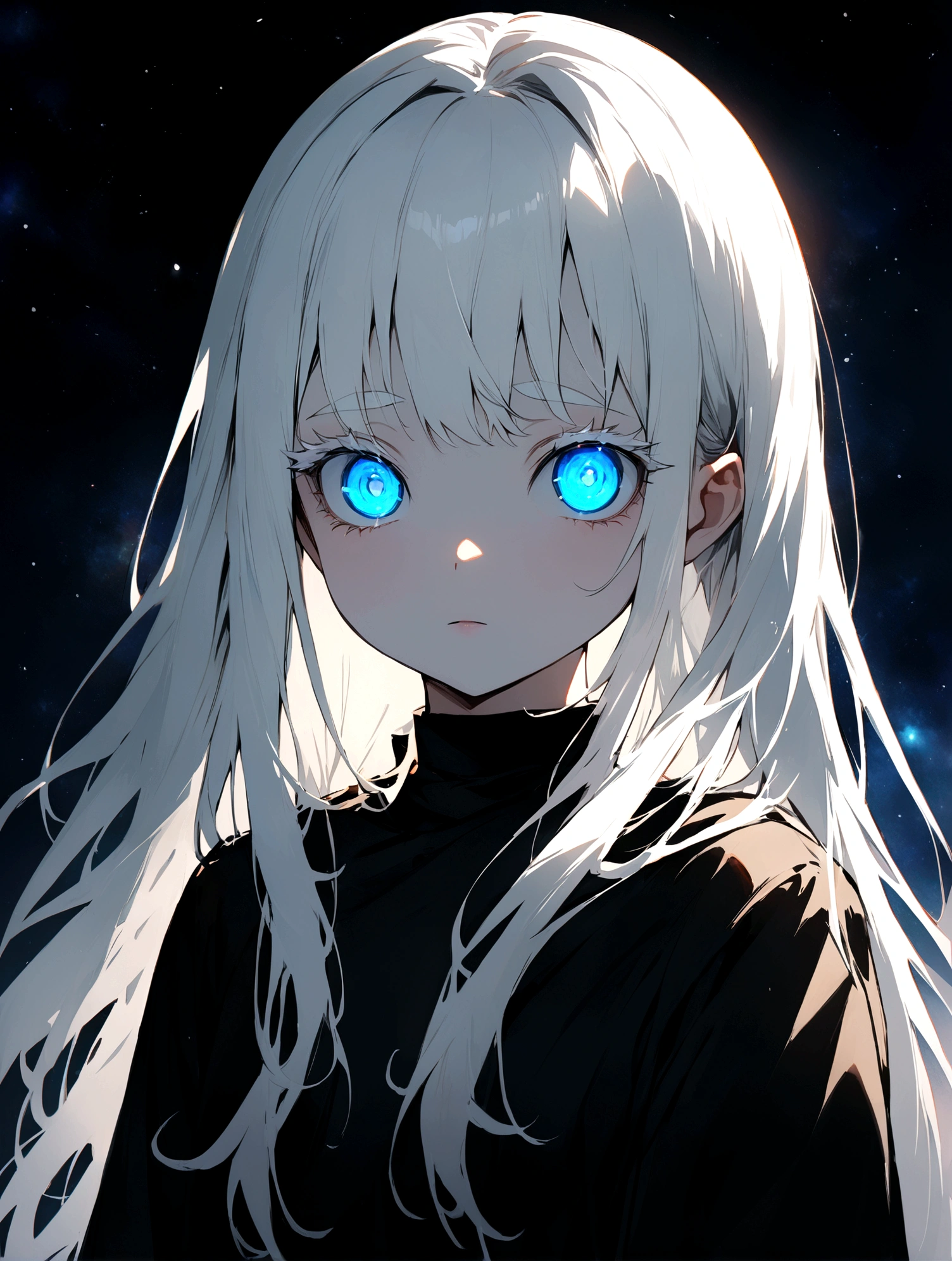 Woman, age 18, white hiar, long hair, white eyebrows, white eyelash, white eyelashes, albino, detailed eyes, glowing eyes, galaxy eyes, wearing black shirt, high quality, 4k resolution