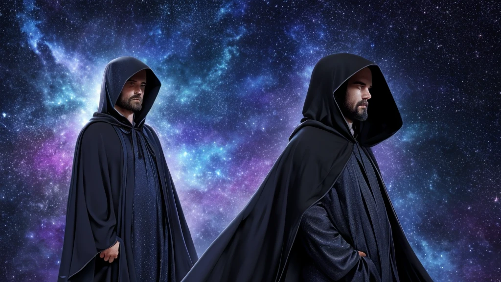 "Generate an image of a hooded man wearing grey robes, transcending with his face subtly merging into a cosmic background. The man should appear ethereal and mysterious, with his hood casting shadows over his features. His robes should be detailed and flowing, blending seamlessly with the cosmic backdrop filled with stars, galaxies, and cosmic dust. The scene should convey a sense of quiet contemplation and cosmic connection, with the man appearing as though he is part of the universe itself, embodying a timeless and spiritual presence."