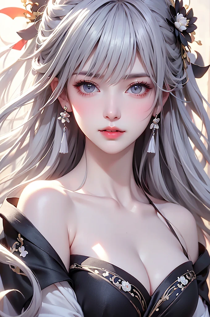 super high quality, masterpiece, Perfect illustration, Very detailed、8k wallpaper, Very detailed (Exquisite light and shadow, Very dramatic photo,Backlight) , ((Gray Hair:1.5))1 Girl, alone, (Wearing Han clothes, Royalty、Black and white Hanfu,Thick fabric,Long sleeve) Flower Field, Flowers, (White smoke:1.3) (Realistic:1.4), (Dynamic Angle: 1.4), Glowing Skin, (Floating colorful flashes: 1) The most beautiful chaotic shapes, elegant, Brutalist Design, Bright colors, Romantic Depth of Field Exotic_dance, half_naked、((Off the shoulder、Medium Chest、Beautiful cleavage))