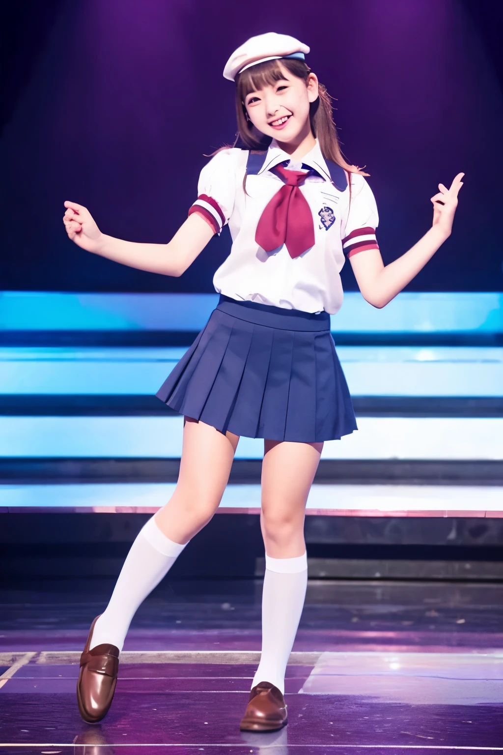 high school girl、uniform、skirt、Brown hair short、Knee-high socks、loafers、Japanese、smile、upright、front、smile、whole body、Dance Stage、dance