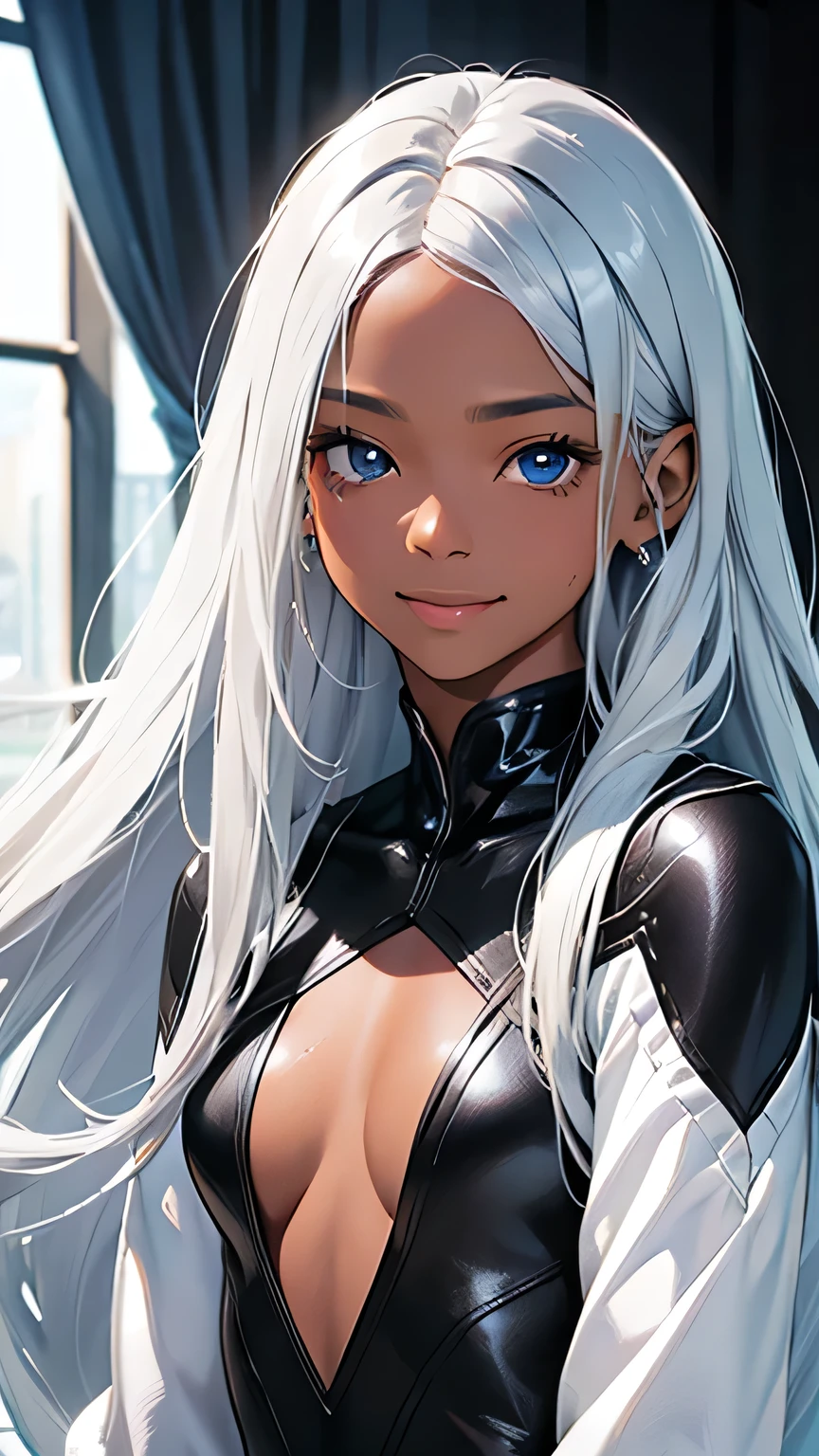 highest quality、Realistic、zoom、girl、Silver Hair、Light blue eyes、Long Straight Hair、Hero Suit、Black shiny leotard、Brown Skin、Black body、Dark skin、Black Chest、Sweat、smile、
