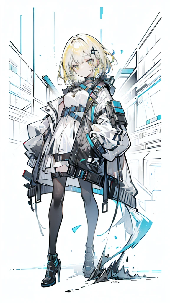 1 girl, short yellow hair, cyberpunk, Alice in Wonderland, black high heels, hand in pocket, best quality, 4k, 8k, highres, masterpiece:1.2, ultra-detailed, realistic, photorealistic, photo-realistic:1.37, HDR, UHD, studio lighting, ultra-fine painting, sharp focus, physically-based rendering, extreme detail description, professional, vivid colors, bokeh, concept art