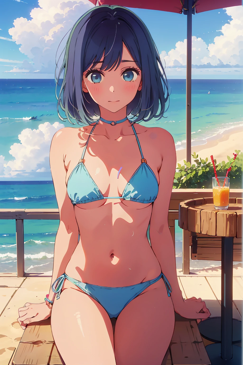 (Highest quality:1.4、masterpiece:1.4、Super detailed:1.4、8K:1.4)、((((1 person、Surprised expression、sit、Outdoor café terrace、coastal、juice、table、Sandy Beach、juiceのグラスを持つ、Plain Bikini、The depth of the written world、Very soft boobs、Big eyes、Very cute face))))、F cup bust、Medium breast、Underboob